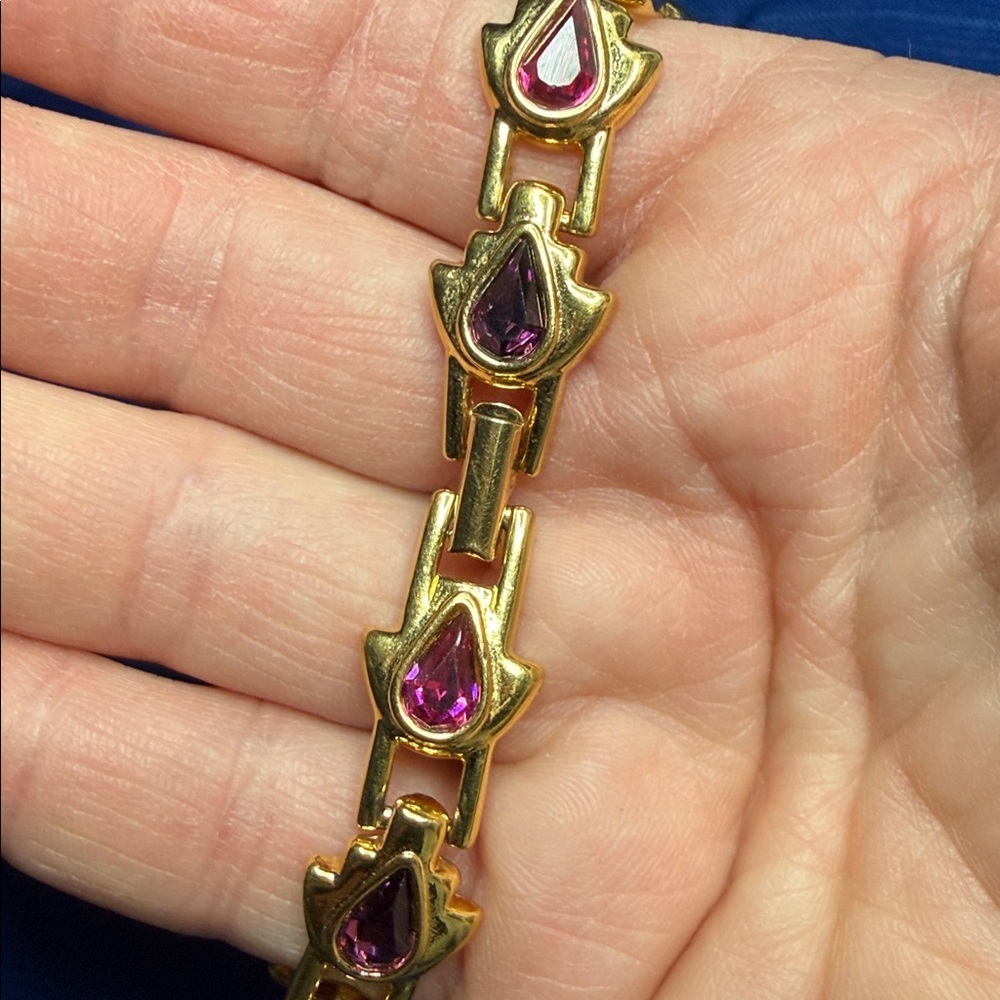 RARE 80's Swan Swarovski Gold Tennis 7.5" Bracelet Pink Purple Teardrop Crystals - Picture 6 of 9